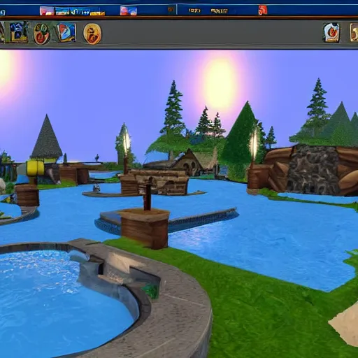 Image similar to runescape playing in the hot tub with wizard101 scenery, hyperrealistic, photo realistic, realistic, beautiful white lighting, in the middle of the day