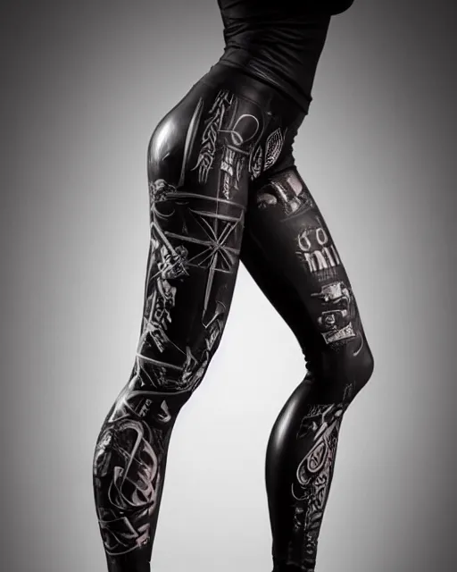 Image similar to Perfect leggings pattern imitating tattooes, focus on the pants and boots with graved runes, close-up on legs, highly detailed, digital painting, artstation, concept art, smooth, sharp focus, illustration, art by Artgerm and Hajime Sorayama