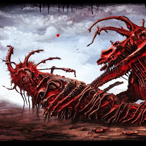 Image similar to conjoined demon twins emerging from pile of corpses in a desert hellscape covered in blood by Yoshitaka Amano, by HR Giger, biomechanical, 4k, hyper detailed, hyperrealism, anime, a Broken World demons flying overhead, red sky, blood and body parts, deviantart, artstation