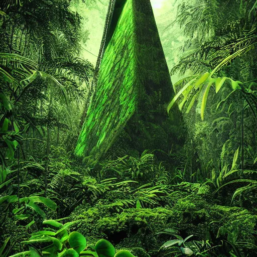 Image similar to a neon monolith in a mythical rainforest,