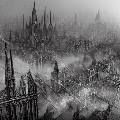 Prompt: dieselpunk city pollution river fog hanging wires cathedral in the style of gustave dore photograph color dreamlike hatching high detailed perspective wide angle