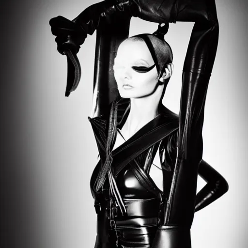 Image similar to fashion photography of an extraterrestrial model, holding a leather whip, wearing demobaza fashion, inside berghain, berlin fashion, harness, futuristic fashion, dark minimal outfit, photo 3 5 mm leica, hyperdetail, berghain, 8 k, very detailed, photo by nick knight