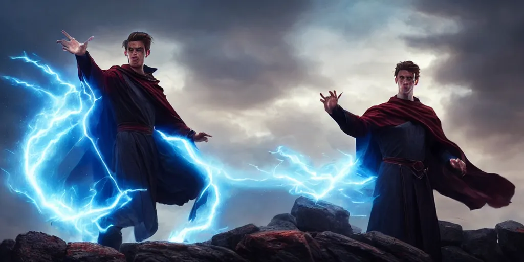 Prompt: epic scene of a handsome caucasian male sorcerer with brown hair, he is casting a blue and red spell that is emanating from his hands, heroic pose, medium shot, waist up, epic composition, post processing, concept art, by greg rutkowski