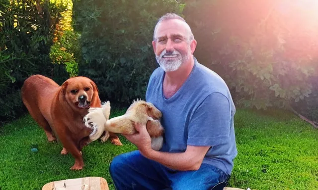 Image similar to My dad Steve just took a hit from the bongo and have good time being gracefully relaxed in the garden, sunset lighting. My second name is Carell. My dad second name is Carell. Im the dog and Steve Carell is my dad. Detailed face