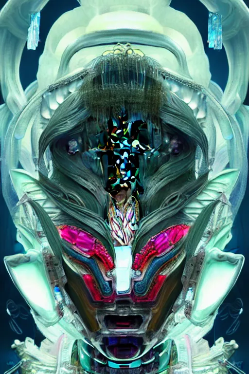 Image similar to asura from chinese myth, ghost, gorgeous and huge head ornaments, dystopian, cyberpunk, organic fractal mycelum and fungi, mecha, halfturn portrait of a big crystal face made of crystals half - turn, ominous, intricate, studio, art by anthony macbain + greg rutkowski + alphonse mucha, concept art, 4 k, sharp focus