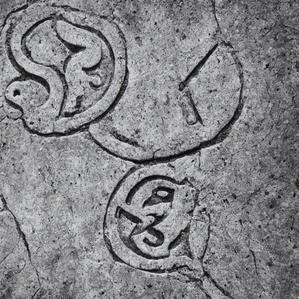 Image similar to ancient symbol for the word ersatz etched on stone, black and white