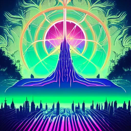 Image similar to mystical psychedelic poster with shaded lighting in the style of andriod jones, radiant light, detailed and complex environment, solace, beautiful, utopic astral city in the sky with many buildings and temples reflecting an modern city on the ground with old growth pine trees, overlaid sacred geometry, with implied lines, gradient of hot pink and neon baby blue