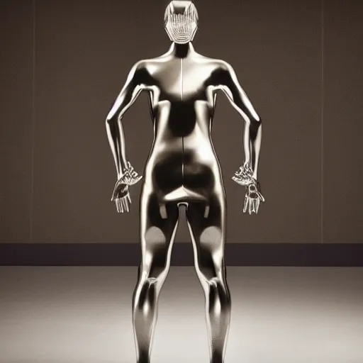 Image similar to a holographic athletic metal manequin, photographed by erwin olaf