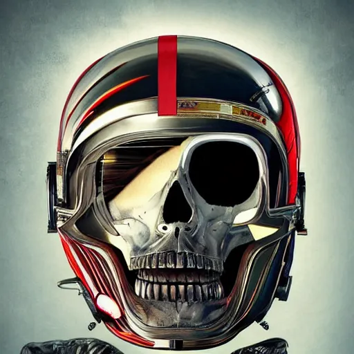 Prompt: a portrait of an cyborg vintage skull in a racing helmet by sandra chevrier, detailed render, epic composition, cybernetics, 4 k realistic, cryengine, realistic shaded lighting, sharp focus, masterpiece, by matteo scalera, gary montalbano, peter elson in the style of the tokyo ghost comic