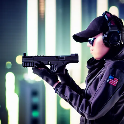 Image similar to photographic portrait of a techwear woman holding a Glock 18, closeup, on the rooftop of a futuristic city at night, sigma 85mm f/1.4, 4k, depth of field, high resolution, 4k, 8k, hd, full color