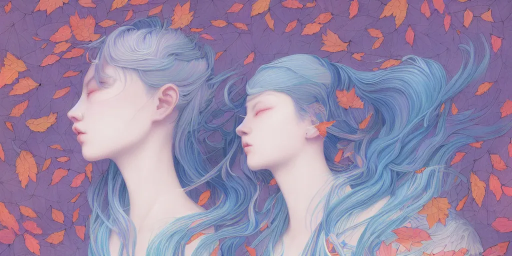 Image similar to breathtaking detailed concept art painting pattern with pastel colors of blue hair faces goddesses amalgamation autumn leaves, by hsiao - ron cheng and james jean, bizarre compositions, exquisite detail, 8 k