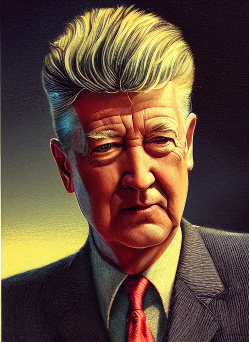 Prompt: portrait of David Lynch, highly detailed, centered, solid color background, digital painting, artstation, concept art, smooth, sharp focus, vintage grainy 1970s illustration, Basil Gogos, donato giancola, Joseph Christian Leyendecker, Les Edwards, Ed Repka, Wayne Barlowe,