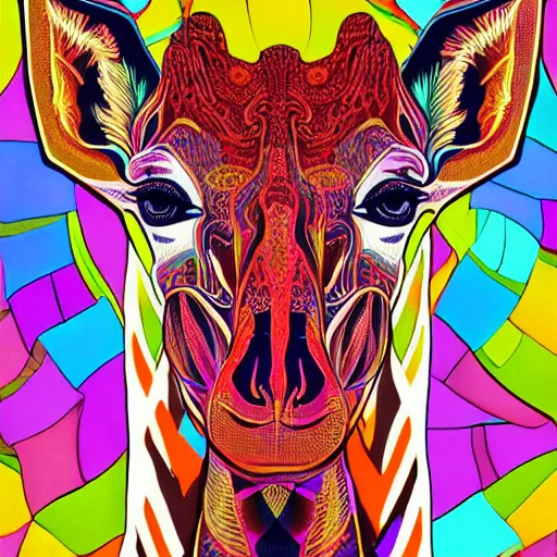 Prompt: a symmetrical neon technicolor portrait illustration of a giraffe in geometric kaleidoscopic colors trending on artstation 4 k intricate extremely detailed digital art by alex grey anime cute kawaii