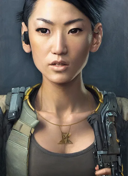 Image similar to Nikki tanaka. beautiful cyberpunk female USN marine wearing a military vest and activewear. (Cyberpunk 2077, bladerunner 2049). gorgeous face. Iranian orientalist portrait by john william waterhouse and Edwin Longsden Long and Theodore Ralli and Nasreddine Dinet, oil on canvas. Cinematic, hyper realism, realistic proportions, dramatic lighting, high detail 4k