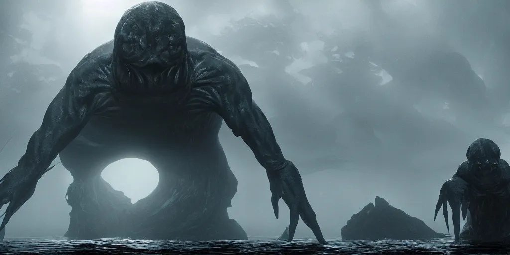 Image similar to the shadow over innsmouth, innsmouth dwellers, mutant fishmen, grand imposing powerful sculpture. swirls of mist. occult photorealism, uhd, amazing depth, volumetric lighting, cinematic lighting. epic landscape.