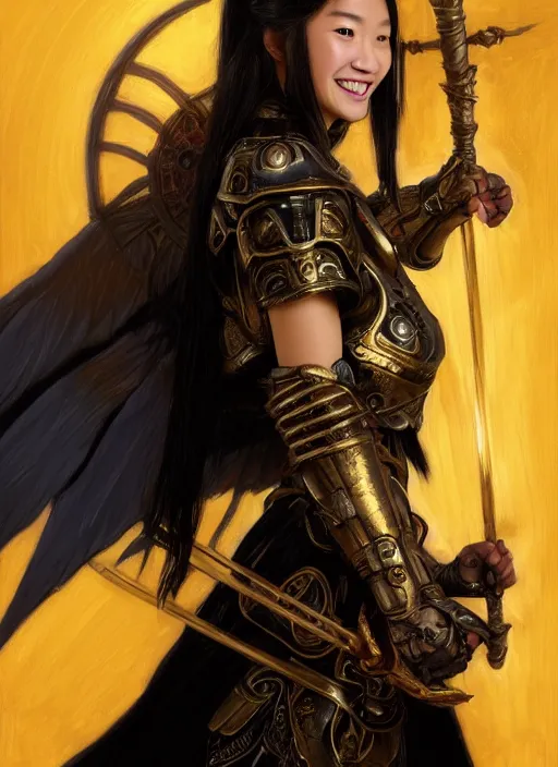 Prompt: Close-up portrait of smiling young asian woman wearing a pitch black armor with giant skulls extending from it, a golden winged helmet and, holding a magic staff, portrait, fireball, highly detailed, digital painting, artstation, concept art, sharp focus, illustration, art by artgerm and greg rutkowski and alphonse mucha