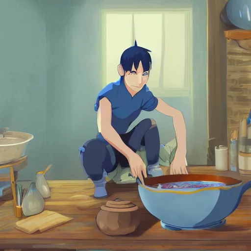 Prompt: concept art painting of an young man with blue skin, in a medieval living room, cooking rice, cel shaded, in the style of makoto shinkai and and studio ghibli