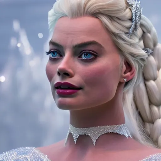 Image similar to Margot Robbie as Elsa in disney frozen live action, 8k full HD photo, cinematic lighting, anatomically correct, oscar award winning, action filled, correct eye placement,