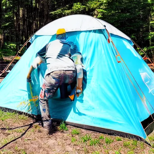 Image similar to man spray painting a camping tent