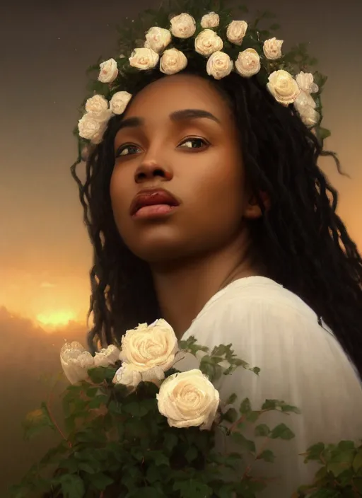 Prompt: oil painting close up portrait of a contemplative young black woman with long dark flowing hair in a white dress, wearing a crown of white roses!! at sunset, hazy, digital art, chiaroscuro, artstation, cinematic, golden hour, digital art painting by greg rutkowski, william - adolphe bouguereau, hazy atmosphere, cinematic lighting