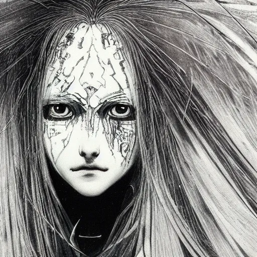 Image similar to yoshitaka amano realistic illustration of an anime girl with black eyes, wavy white hair fluttering in the wind and cracks on her face wearing elden ring armor with engraving, abstract black and white patterns on the background, noisy film grain effect, highly detailed, renaissance oil painting, weird portrait angle, three quarter view