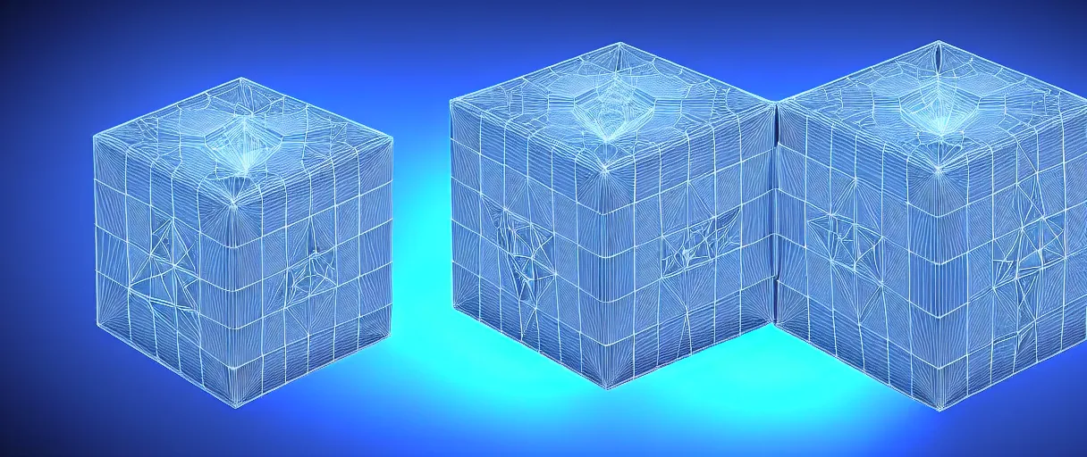 Image similar to hyperrealistic 3d render intricate metatron's cube rotating iridescent escher dali octane moody blue lighting low angle hd 8k sharp shallow depth of field