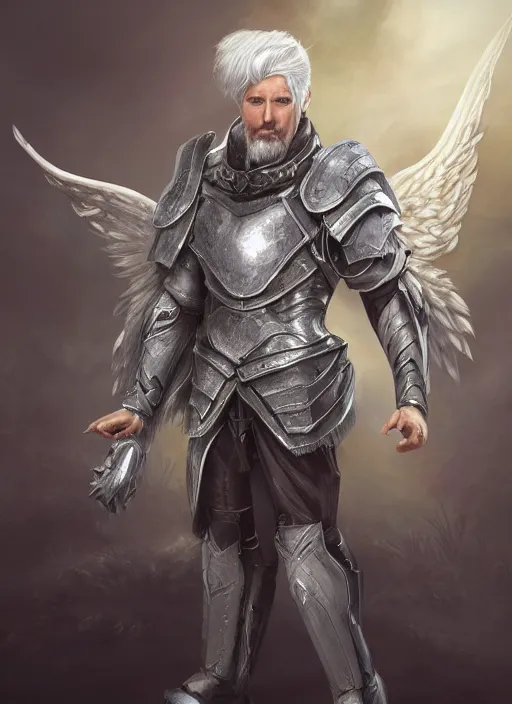 Image similar to an epic fantastic realism comic book style portrait painting of an aasimar paladin, male, angel wings on back, silver hair, short brown beard, d & d concept art, unreal 5, daz, teal aesthetic, octane render, cosplay, rpg portrait, dynamic lighting