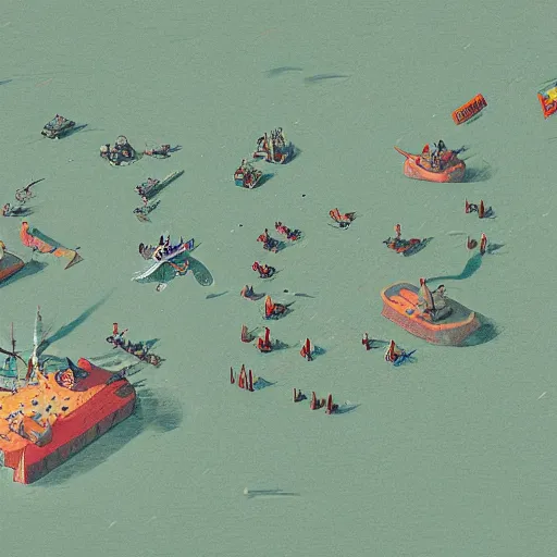 Image similar to birds eye view battle of cape ecnomus, in the style of simon stalenhag