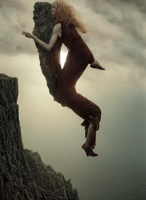 Image similar to close-up portrait action shot of Nicole Kidman hanging from a cliff ridge, Les Edwards, Zdzislaw Beksinski, Carl Gustav Carus, John Harris, Michal Karcz, Zhang Kechun, Mikko Lagerstedt, Scott Listfield, Steven Outram, Jessica Rossier