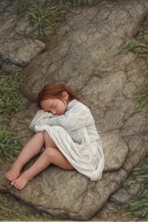 Image similar to peasant girl sleeping in a baby Pose on a stone in a foggy forest, high-key lightning, realistic, aesthetic, sad atmosphere, neutral colors, detailed illustration, oil on canvas by Steve Hanks