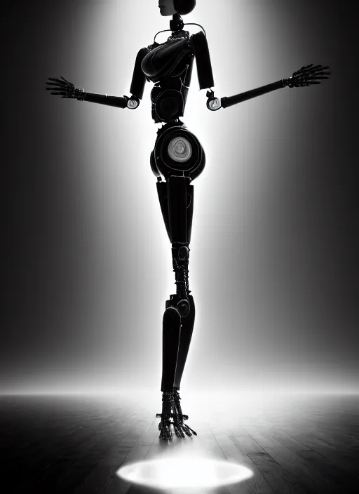 Image similar to surreal mythical dreamy dark artistic black and white fine art fashion portrait photo of a young beautiful delicate female metropolis robot giving birth, spiritual, halo, glory, rim light, cinematic, studio dramatic light, poetic, masterpiece, octane render, 8 k, photo - realistic by dora maar man ray