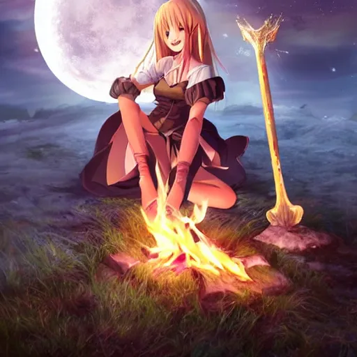 KREA - A beautiful anime girl sitting by a Dark Souls bonfire holding a  moonlight greatsword