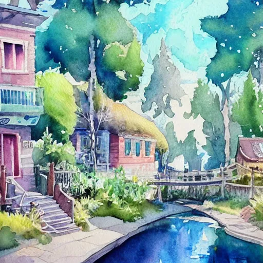 Image similar to Beautiful happy picturesque charming sci-fi town in harmony with nature. Beautiful light. Water and plants. Nice colour scheme, soft warm colour. Beautiful detailed artistic watercolor by Olivia. (2022)