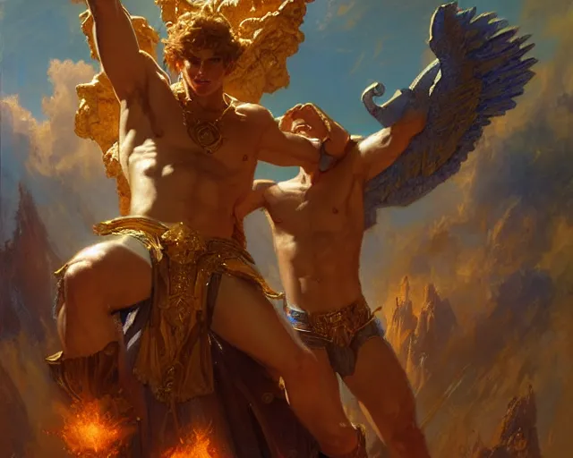 Image similar to attractive heroic male deity, casts magic, summoning handsome heroic lucifer morning star. highly detailed painting by gaston bussiere, craig mullins, j. c. leyendecker 8 k