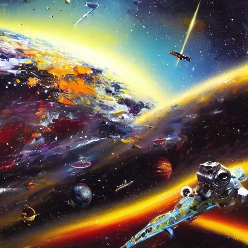 Image similar to space background warp, concept art oil painting, loosely detailed, brush hard by john berkey