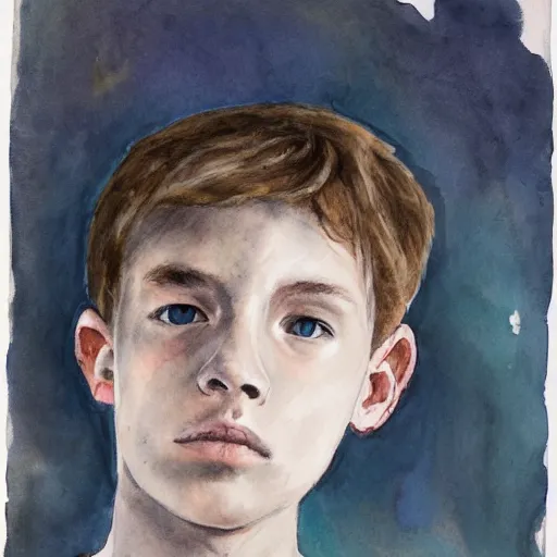 Prompt: Portrait of 14 years old boy, aquarelle