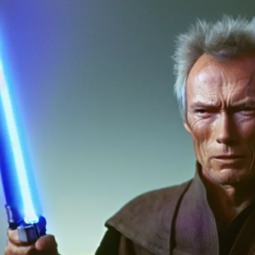 Image similar to clint eastwood holding blue lightsaber in star wars episode 3, 8k resolution, full HD, cinematic lighting, award winning, anatomically correct