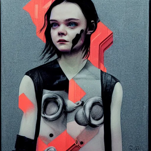 Prompt: Elle Fanning in Death Stranding picture by Sachin Teng, asymmetrical, dark vibes, Realistic Painting , Organic painting, Matte Painting, geometric shapes, hard edges, graffiti, street art:2 by Sachin Teng:4