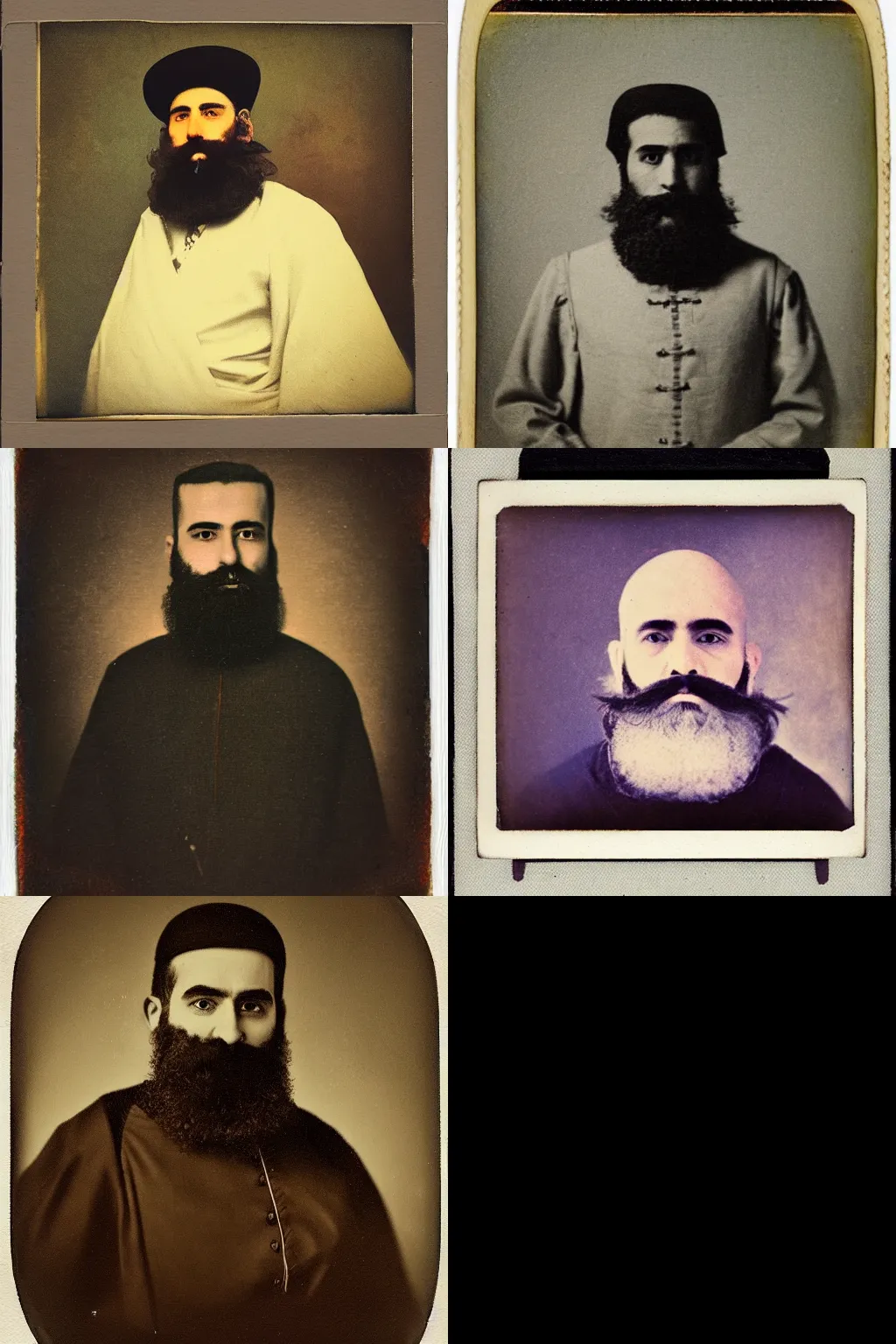 Prompt: an old painting of a man with a beard, a polaroid photo by Francisco de Zurbarán, pexels, qajar art, tintype photograph, ilya kuvshinov, studio portrait