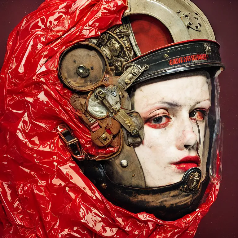 Image similar to portrait of a third reich soldier in ornate motorcycle dirt helmet in a helmet background red plastic bag, circuitboard,, rich deep colors, ultra detail, by francis bacon, james ginn, petra courtright, jenny saville, gerhard richter, zdzisaw beksinsk, takato yamamoto. masterpiece, elegant fashion studio ighting 3 5 mm