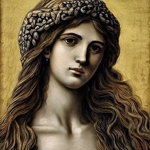 Prompt: portrait of a greek goddess of wisdom, fantasy, majestic, somber very detailed long hair