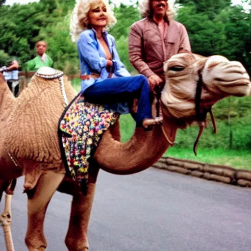 Image similar to Dolly Parton riding a camel in Slough. camel wearing a wig. camel wearing shoes. highly detailed. photorealistic. detailed faces.