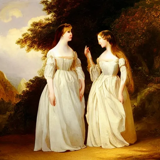 Image similar to two beautiful girls wearing white dresses john martin landscape