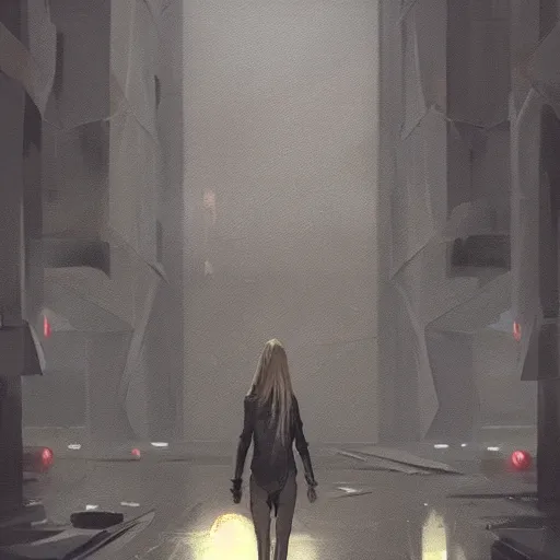 Image similar to concept art by greg rutkowski, a very tall and slender woman with blond hair, talking to a very tall and slender man with short black hair, brutalist futuristic interior, dark lighting atmosphere, detailed portraits, nostalgic atmosphere, scifi, digital painting, artstation, concept art, smooth, sharp foccus ilustration, artstation hq