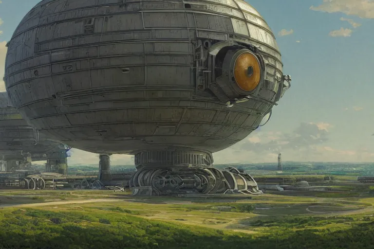 Image similar to an impressive science fiction big factory with a spherical architecture designed by boeing military and star wars with fat cables and pipes at its base, on a beautiful green hill in a the french countryside during spring season, painting by studio ghibli backgrounds and louis remy mignot hd, nice lighting, smooth tiny details, soft and clear shadows, low contrast, perfect