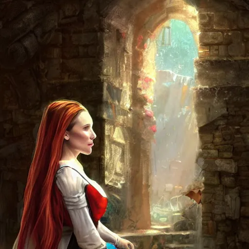 Prompt: Natalie Portman as a red haired innkeeper, fantasy concept art by J.Dickenson - n9