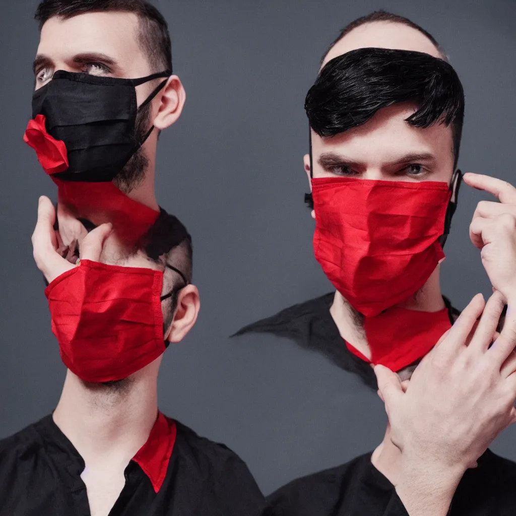 Prompt: a man in a black medical mask, dark hair undercut, red and blue rimlight, black background portrait