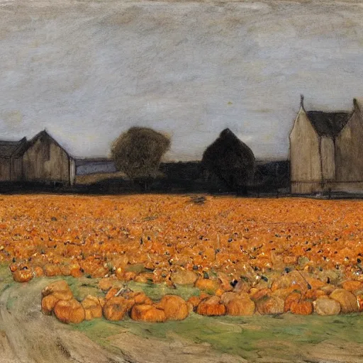Prompt: a field of rotting pumpkins, by Sir James Guthrie, hyperrealism