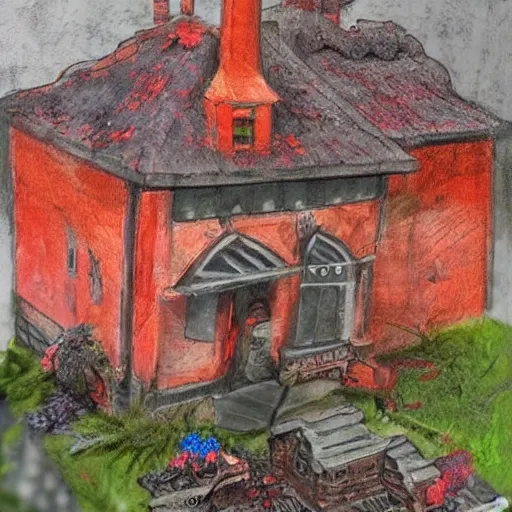 Image similar to Dark and Gloomy Witch house with red roof, in style of Anne Stokes