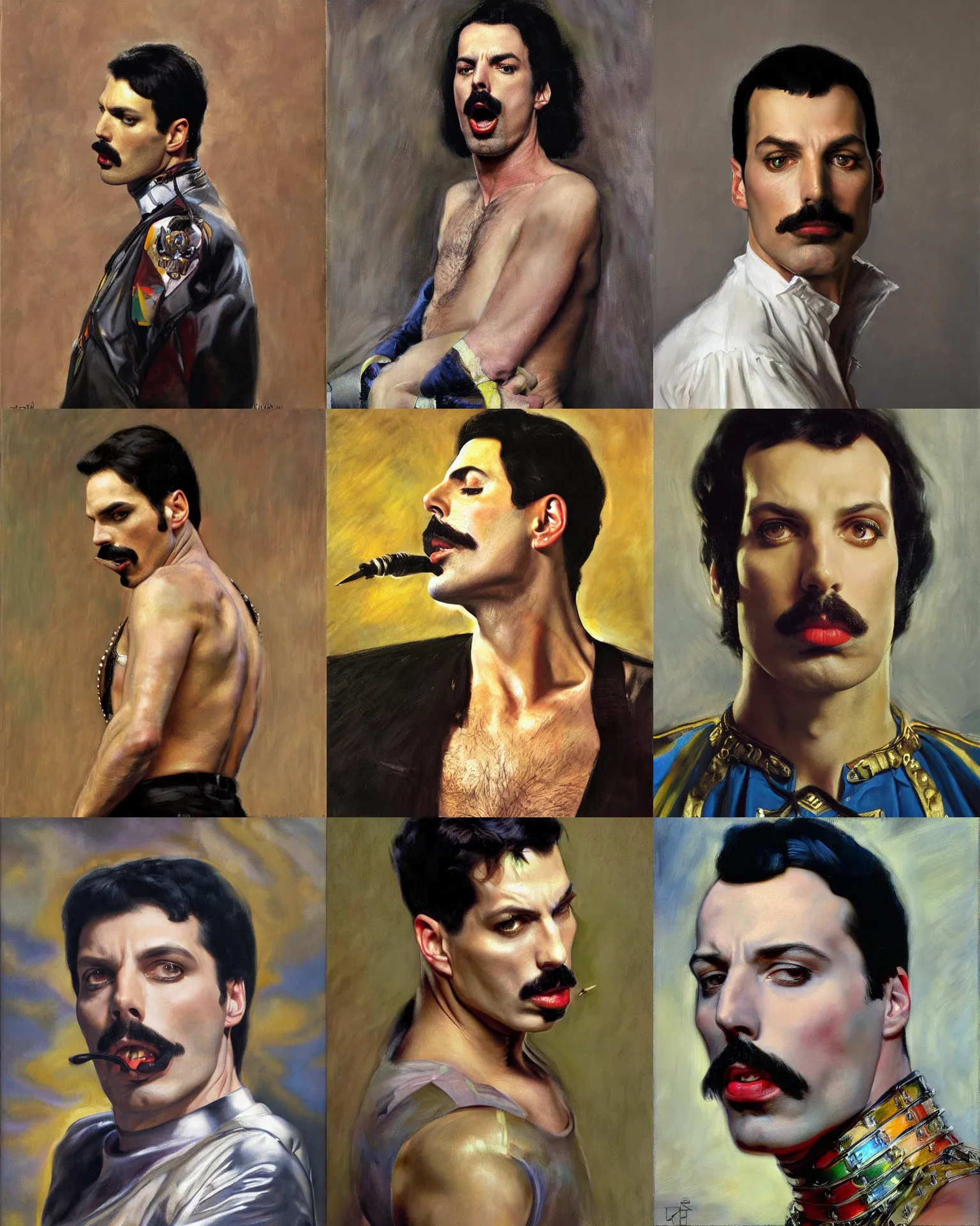 Prompt: freddie mercury dramatic expression, plein air headshot portrait oil painting by donato giancola, john singer sargent, frans hals, mandy jurgens, fashion photography